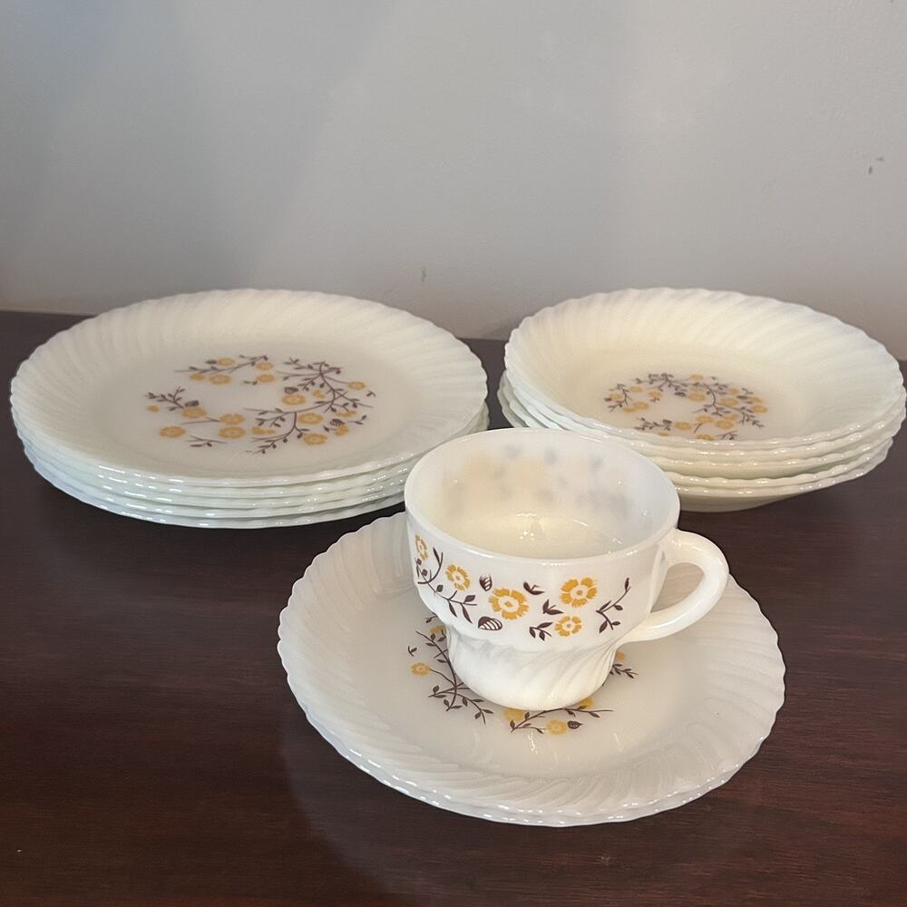 Vintage Termocrisa Milk Glass Brown Gold Harvest Flowers Mex Retro Dishes Set